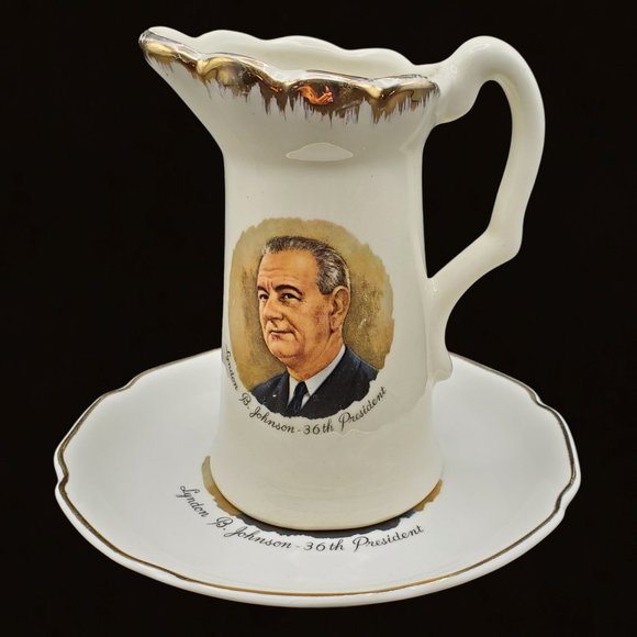 Lyndon B Johnson 2 Pc Set Creamer Saucer McCoy Pottery LBJ 36th President - Picture 1 of 8
